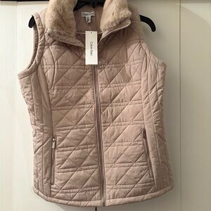 Women’s Calvin Klein Fur Collared Zip Quilted Puffer Vest S Beige NWT